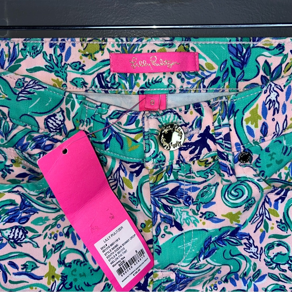 NWT Lilly Pulitzer South Ocean Skinny Crop Pants in Monkey Sea Melon Fig Size 0 - Picture 6 of 7
